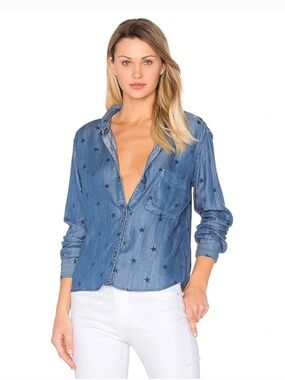 Rails Dana Star Print Chambray Long Sleeve Button Up Casual Shirt Size S